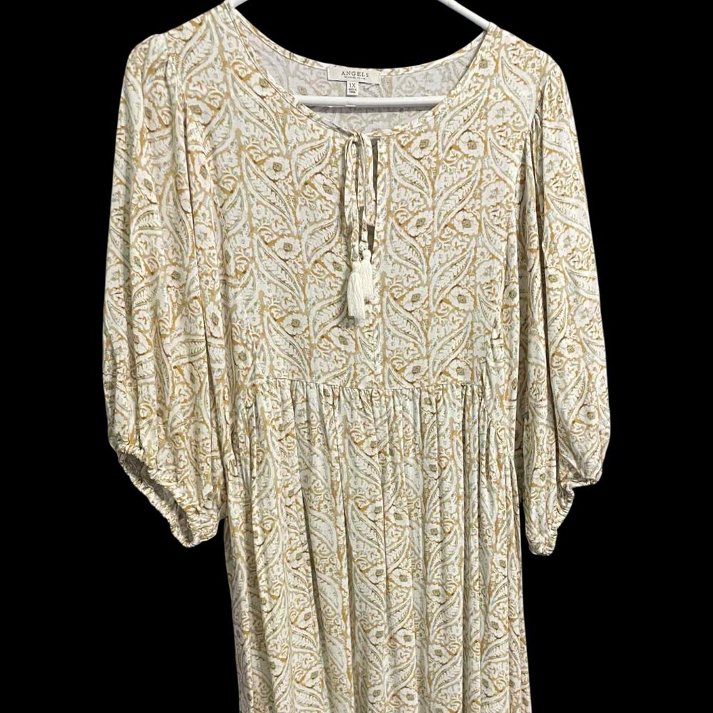 Angels Beige and Gold Patterned Long Sleeve Dress
